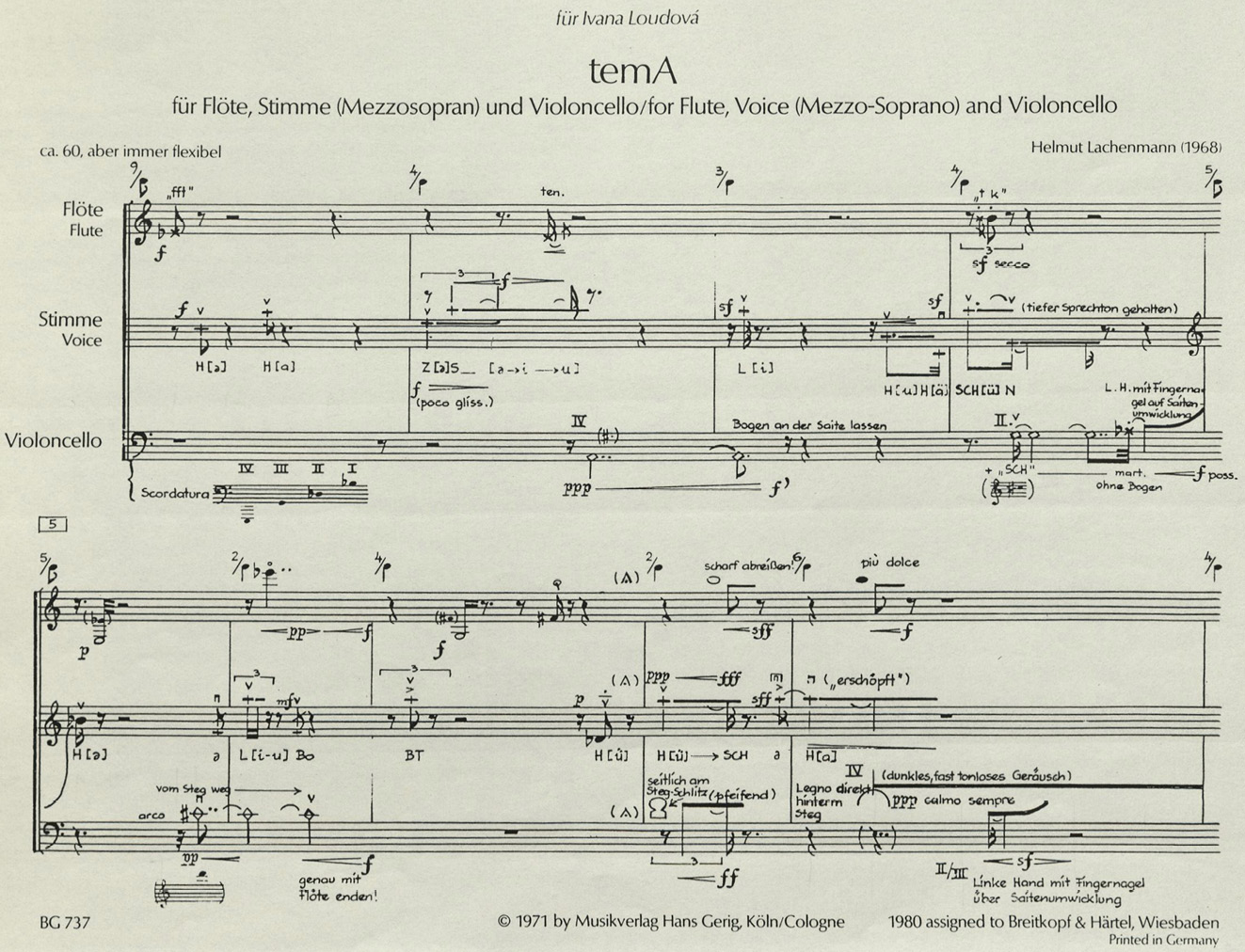 Notenblatt: temA für Flöte, Stimme (Mezzosopran) und Violonchello